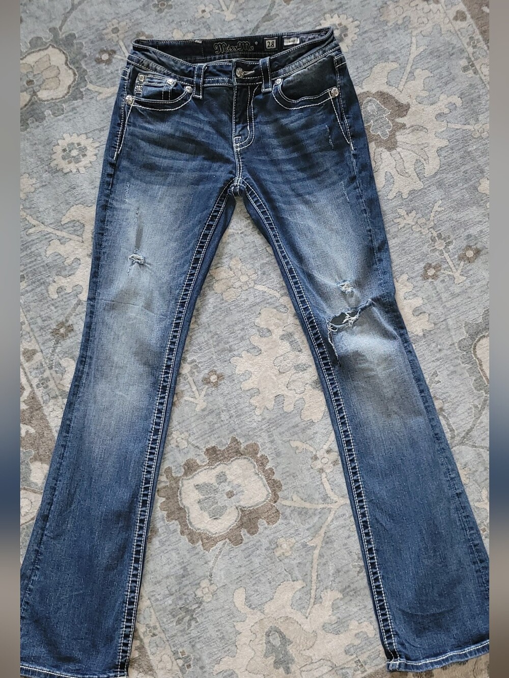 Miss Me Distressed Denim Bootcut Jeans with Embellished Back Pockets